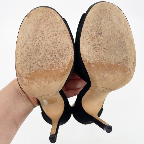 Jimmy Choo Farah Black Suede Crystal Trim Peep Toe Platform Pump Sandal IT 37.5 - Picture 10 of 11